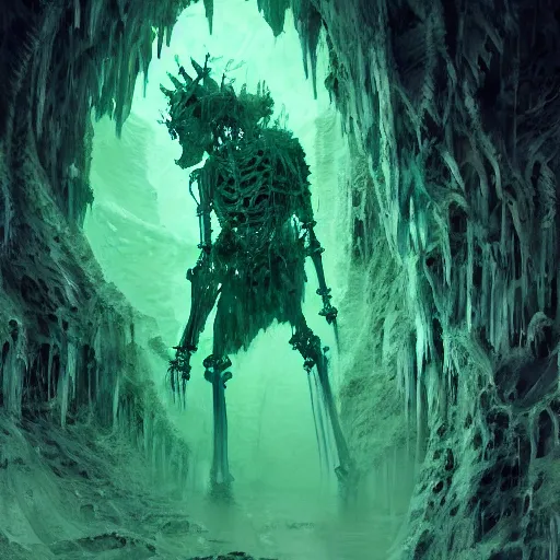 Image similar to the cyber skeleton king, frozen in an ice floe, glowing green, inside a dark cavern, intricate, highly detailed, smooth, wide shot, artstation, digital illustration by ruan jia