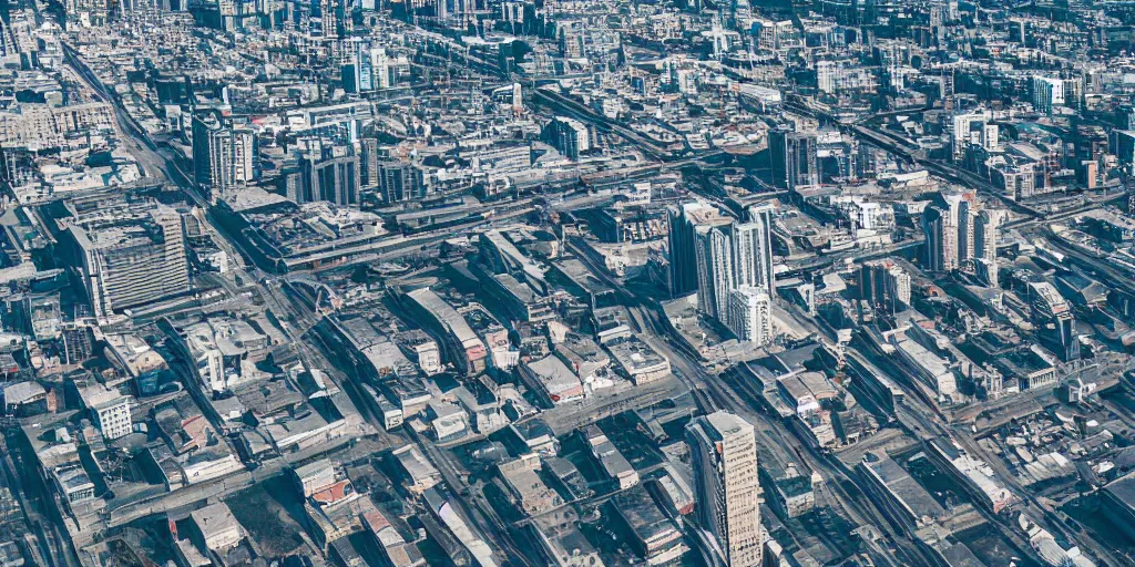 Image similar to drone view of a city with a large highway through, Brutalist architecture,sharp focus,telephoto lens,digital art,James Paick 4k