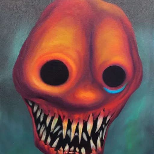 Prompt: small monster in the style of scary stuffs, oil painting, on board, hypercolor