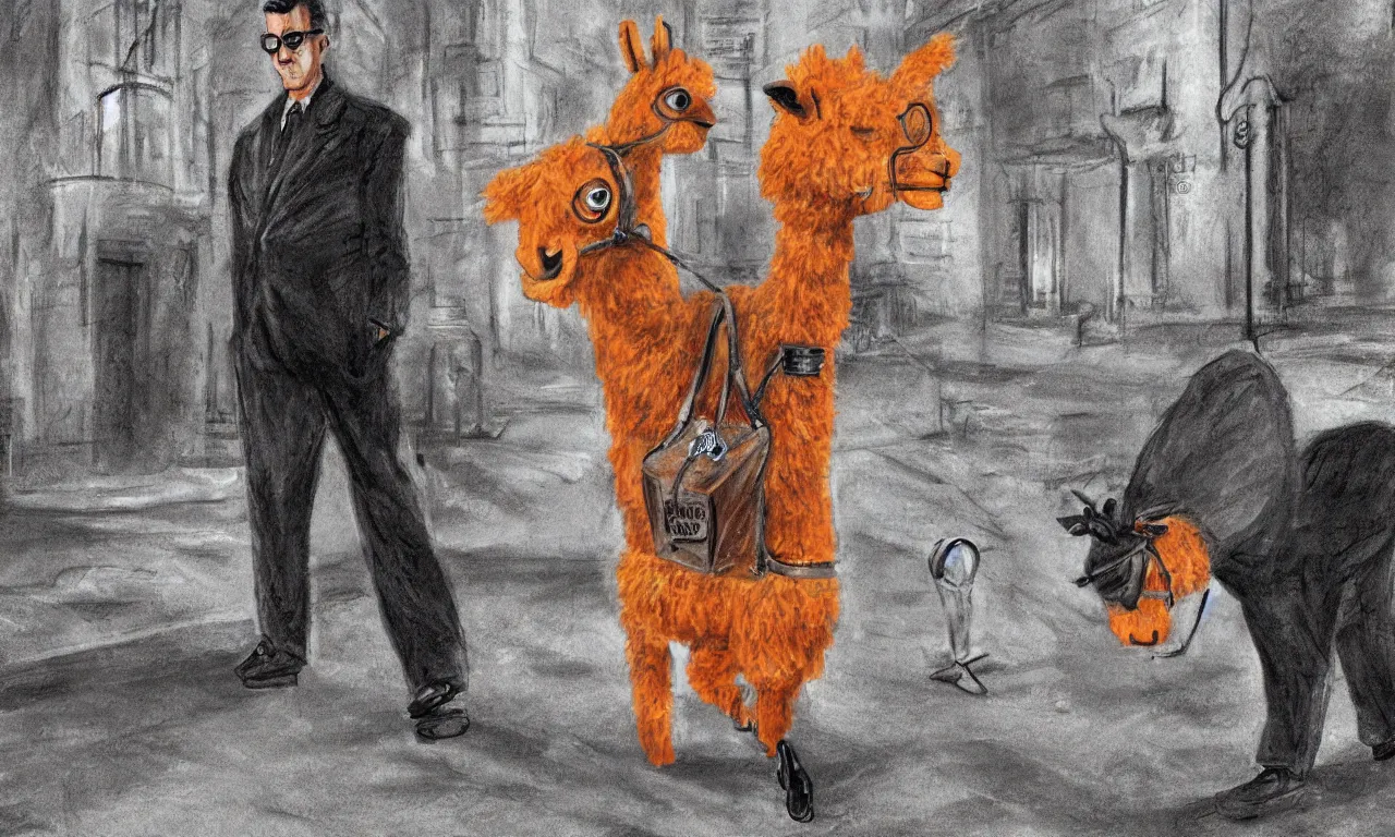 Prompt: a digital painting of an orange llama wearing a 1 9 4 0's noire detective outfit, standing in the streets of chicago at night investigating a crime scene where a body outline is drawn in chalk on the sidewalk, digital art