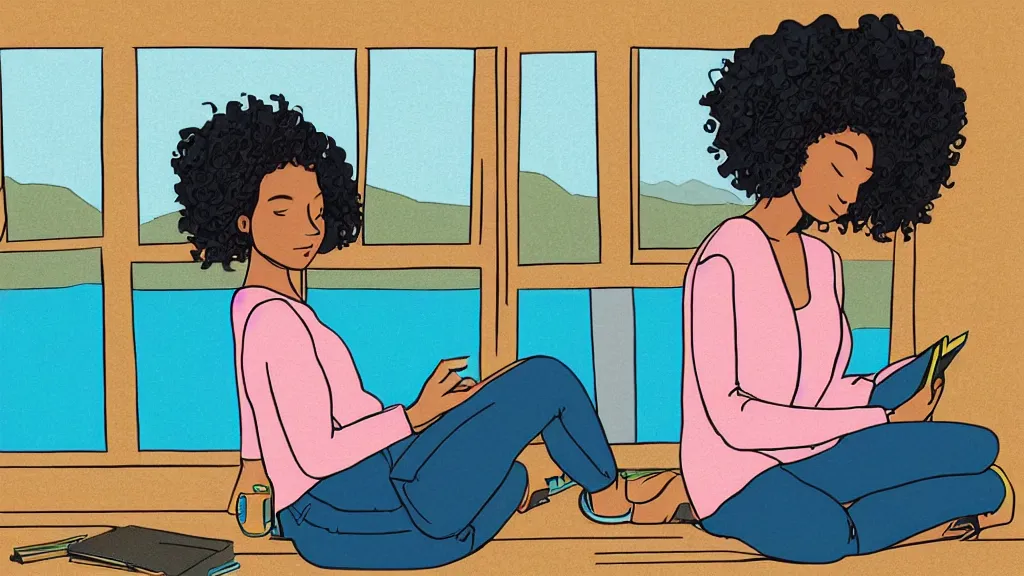 Image similar to black girl, curly hair, with headphones, studyng in bedroom, window with rio de janeiro view, lo-fi illustration style, digital art, alive colors