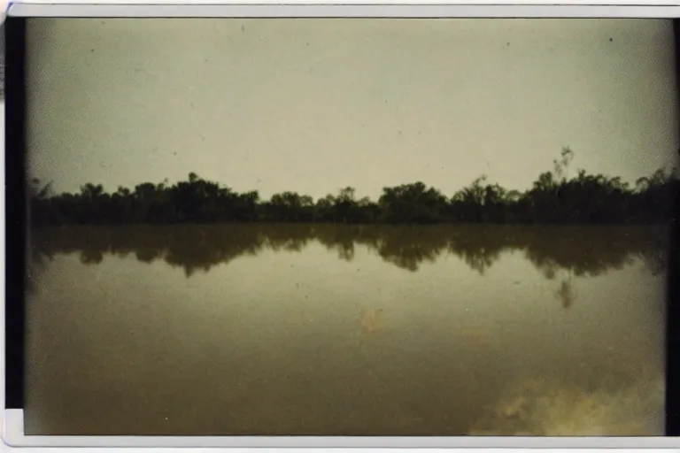 Image similar to old polaroid of a nuclear explosion in the louisiana swamps, people screaming