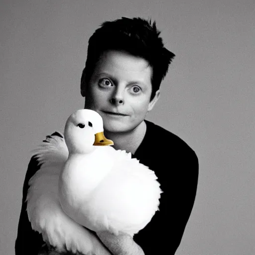 Prompt: michael j fox, holding a white duck