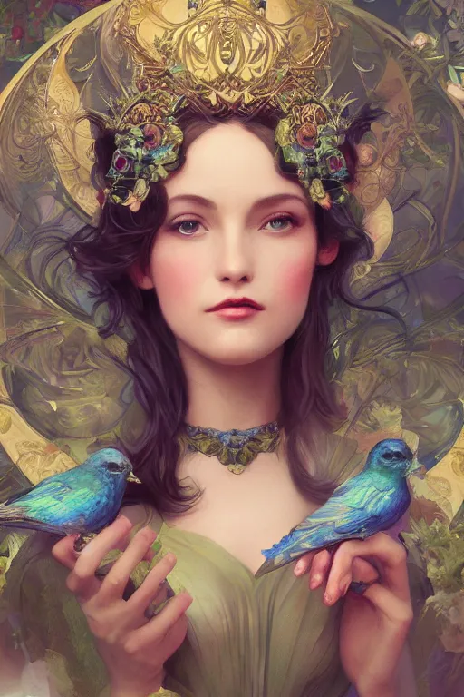 Image similar to extremely beautiful face closeup, 3 d render of english princess holding birds, ornaments, mucha vibe, dieselpunk, solarpunk, artstation, gorgeous, elegant, graceful