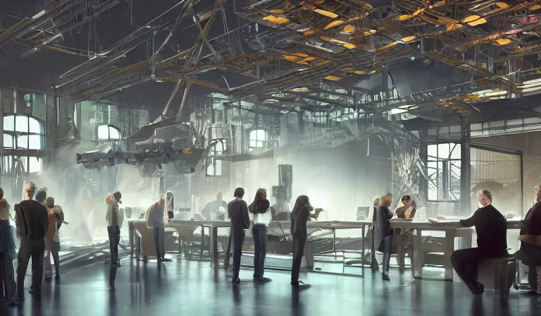 Prompt: group of people in simple warehouse, watching hologram of futuristic city on a table, cinematic concept art, godrays, golden hour, natural sunlight, 4 k, clear details, tabletop model buildings, center model buildings, hologram center, crane shot, crane shot, crane shot