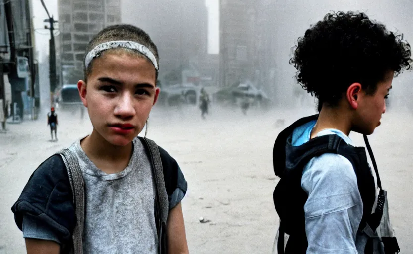 Image similar to cinestill 5 0 d candid photographic portrait by helen levitt of a mixed teen wearing rugged black mesh techwear, modern cyberpunk moody emotional cinematic, white pale concrete city, dust storm, 8 k, hd, high resolution, 3 5 mm, f / 3 2, ultra realistic faces, ex machina