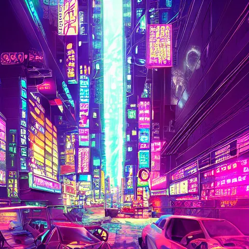 Prompt: Neon lights glisten off the streets, the moonlight swallowed by breathing electricity, we dream of Neo-Tokyo tonight, highly detailed, trending on Artstation