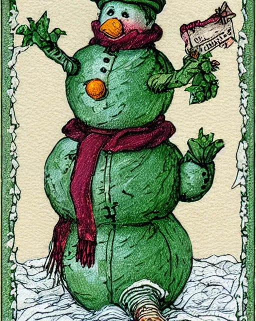 Image similar to traditional victorian snowman illustration greeting card design in maroon and moss green inspired by walter crane, intricately detailed with ultra - hd focus, exquisite, on flat matter crisp paper