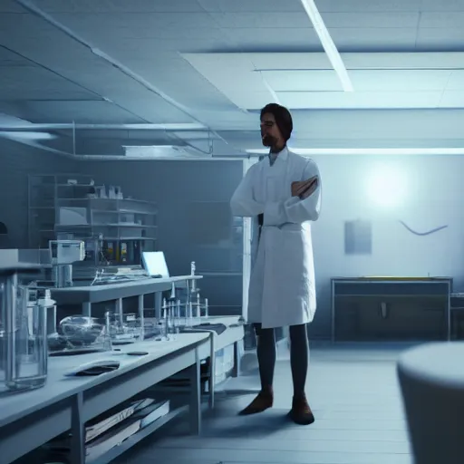 Image similar to muted colors, enlightenment era, 3 d octane render, unreal engine, realistic, and young scientist! standing in his laboratory observing a huge complex experiment!!, detailed, volumetric lighting