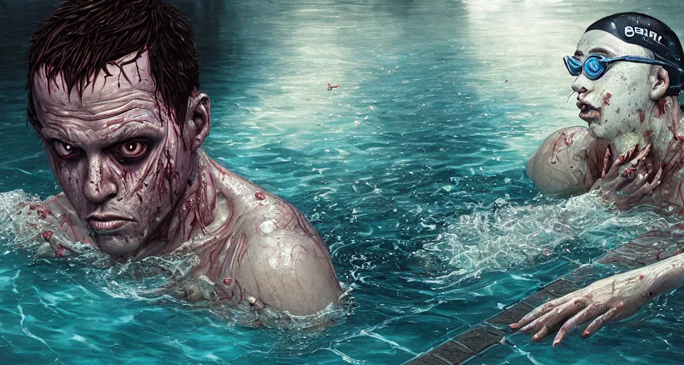 Image similar to highly detailed portrait of a swimmer zombie gta v in a swimming pool, horrible rotting flesh, stephen bliss, unreal engine, fantasy art by greg rutkowski, loish, rhads, ferdinand knab, makoto shinkai and lois van baarle, ilya kuvshinov, rossdraws, tom bagshaw, global illumination, detailed and intricate environment