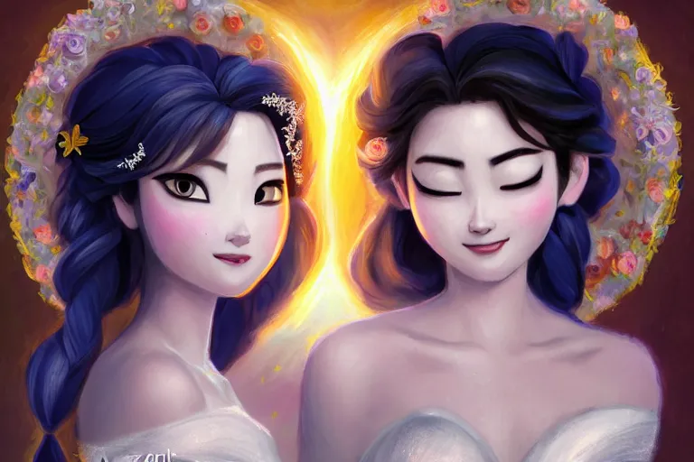 Image similar to a cinematic portrait of wedding photograph jpeg close up moment of a divine a japan sun god and moon goddess lovers magician at a wedding banquet. portraiture. digital painting. artstation. concept art. wedding photo. illustration. frozen ii art masterpiece by art by krenz cushart