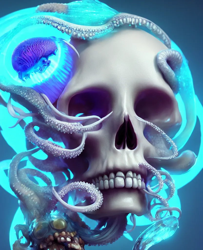 Image similar to goddess close - up portrait human skull, ram skull, squid phoenix jellyfish, orchid, betta fish, bioluminiscent, intricate artwork by tooth wu and wlop and beeple. octane render, trending on artstation, greg rutkowski very coherent symmetrical artwork. cinematic, hyper realism, high detail, octane render, 8 k