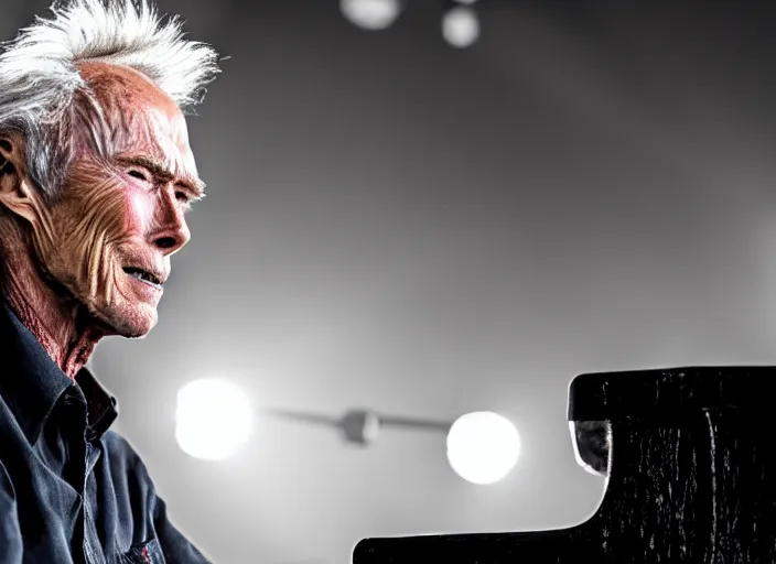 Image similar to photo still of clint eastwood on stage at vans warped tour!!!!!!!! at age 6 8 years old 6 8 years of age!!!!!!!! playing a piano on fire, 8 k, 8 5 mm f 1. 8, studio lighting, rim light, right side key light