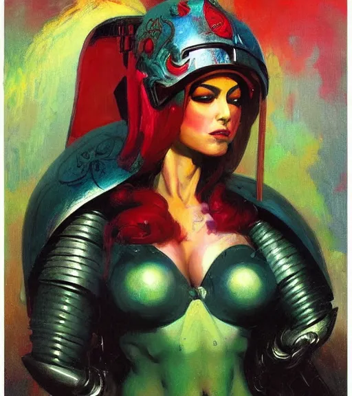 Image similar to portrait of junoesque iranian female chaos angel, beautiful! coherent! by frank frazetta, by brom, strong line, vivid neon color, shining metal power armor, iron helm, high contrast, maximalist