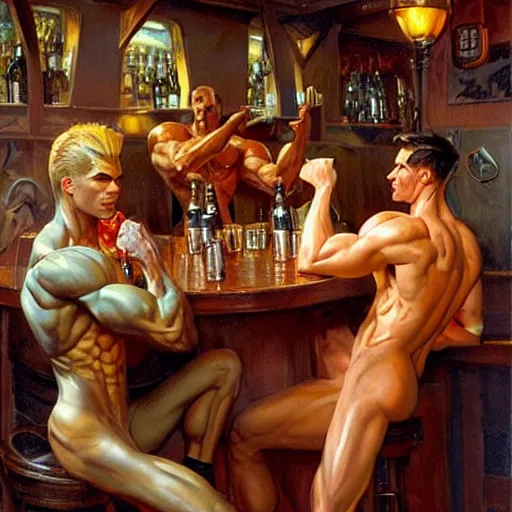 Image similar to attractive muscular aliens with brunet hair and attractive muscular alien with blond hair. pants and shorts, drinking their hearts out, in a pub. very defined and detailed painting by j. c. leyendecker, gaston bussiere, craig mullins 8 k