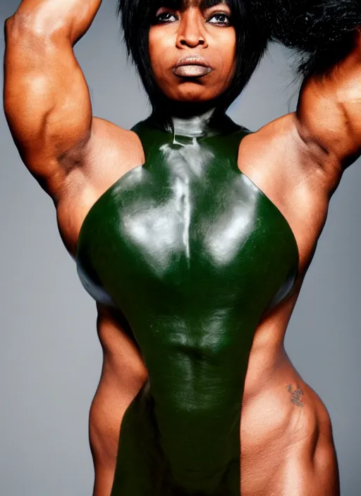 Image similar to a photo portrait of a very muscular woman with dark green hair and dark skin by terry richardson, sharp focus.