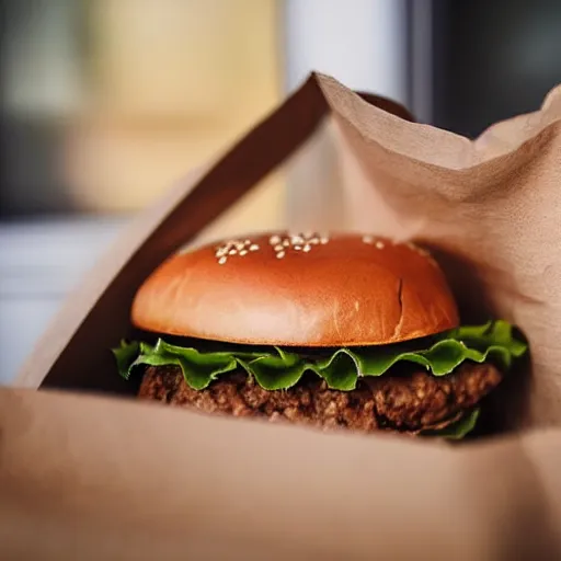 Prompt: close up shot of a paper bag containing an hamburger and a can of cola