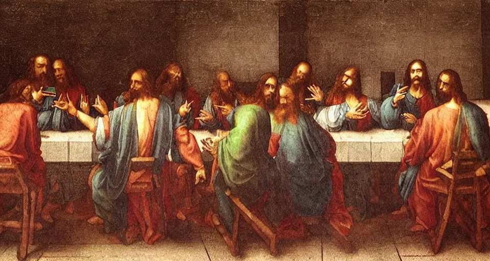 Image similar to DaVinci's the Last Supper except all of the characters have cell phones stylized as a wall Greco oil painting in Milano Italy