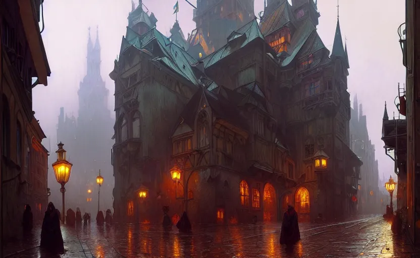 Image similar to an old medieval city with rainy atmosphere and moody and cinematic lighting by alphonse mucha, simon stalenhag and darek zabrocki, cinematic and atmospheric, concept art, artstation, trending on artstation