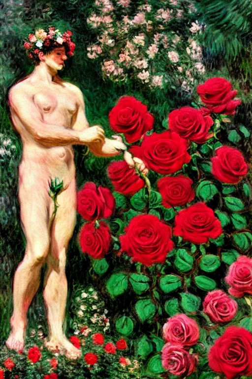 Image similar to the greek god hermes marched forward among the roses, monet, musha, oil painting style, large beautiful pale pink roses and deep red roses