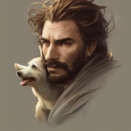 Prompt: portrait of a young, ruggedly handsome swordsman with a corgi head, soft hair, muscular, half body, leather, hairy, d & d, fantasy, intricate, elegant, highly detailed, digital painting, artstation, concept art, smooth, sharp focus, illustration, art by artgerm and greg rutkowski and alphonse mucha