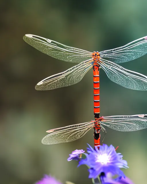 Image similar to high quality presentation photo of a miuature robotic dragonfly, photography 4k, f1.8 anamorphic, bokeh, 4k, Canon, Nikon