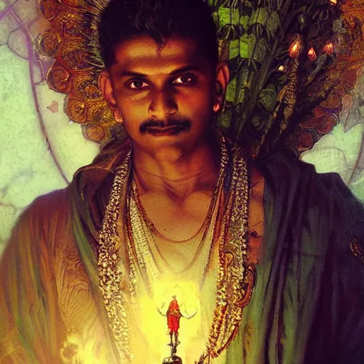 Image similar to portrait of Indian male priest, fantasy, powerful, elegant, intricate, beautiful lighting, perfect composition, by greg rutkowski, thomas kindkade, alphonse mucha