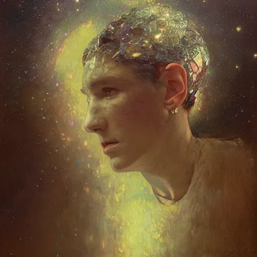 Image similar to hyperrealist portrait of an enormous glowing head made of stars by jeremy mann and alphonse mucha and alan lee, fantasy art, photo realistic, dynamic lighting, artstation, poster, volumetric lighting, very detailed faces, award winning