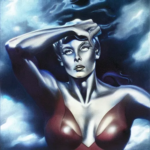 Prompt: ultra realistic portrait of a female silver surfer, as an outlaw, art by frank frazetta, vintage levi ’ s ad, stormy weather, dark vibes, 4 k, ultra realistic, highly detailed, epic lighting