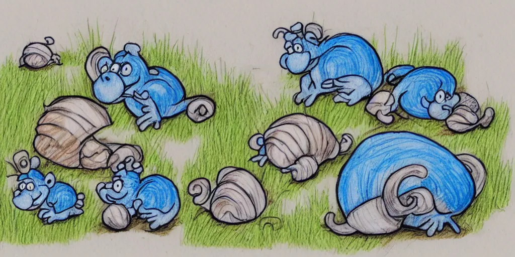 Prompt: smurfs found in snails with a sunrise and road landscape with lynxes and teeth in pen drawing style and pencil color