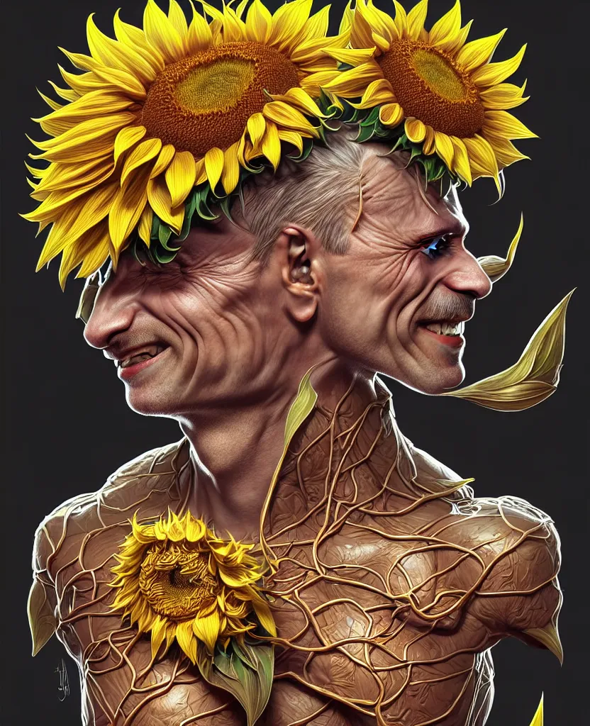 Image similar to digital art, centered full body of Putin smiling king, Sunflower crown, ,intricate, veins, by James Jean and by artgerm , by ross tran ultradetailed, charachter design, concept art, trending on artstation,