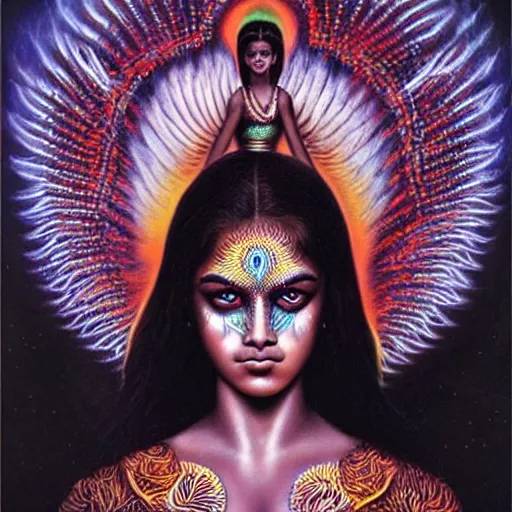 Image similar to Sri lankan girl as a winged angel covered in eyes with glowing halo, iridescent, seraphim, art by Jason Edmiston