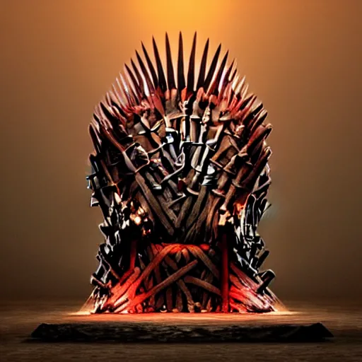 Image similar to a photorealistic render of the iron throne as a modern video gaming chair, led lights, glowing desktop pc, 8 k, artstation, volumetric lighting, smooth, highly detailed, octane render, by andres rocha and albert bierstadt and greg rutkowski