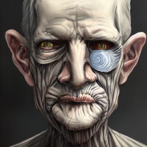 Image similar to eerie portrait of creepy pale old man with fish like facial features, painted, trending on art station, love craftian, dark lighting