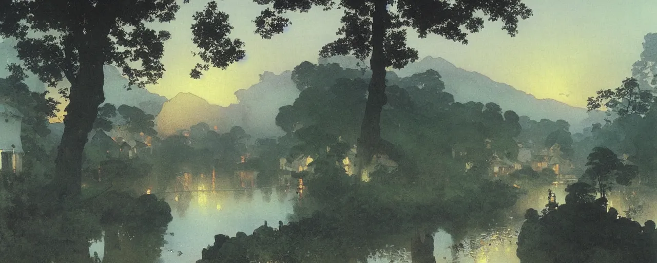 Prompt: a beautiful painting of an acient japanese town nearby a small river in the evening by alfons maria mucha and ivan aivazovsky, ultra detailed, volumetric lighting,