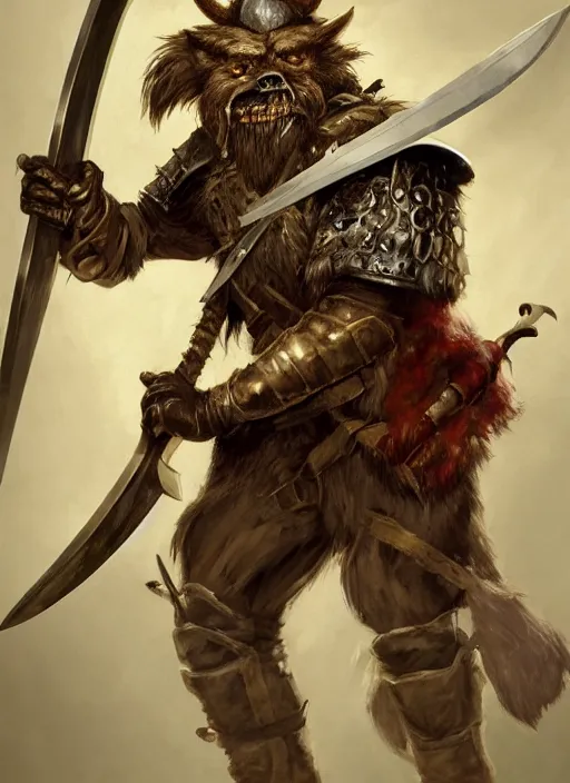 Image similar to photorealistic bugbear ranger holding sword on fire, magic, black beard, dungeons and dragons, pathfinder, roleplaying game art, hunters gear, jeweled ornate leather and steel armour, concept art, character design on white background, by sargent, norman rockwell, makoto shinkai, kim jung giu, artstation trending, poster art, colours red