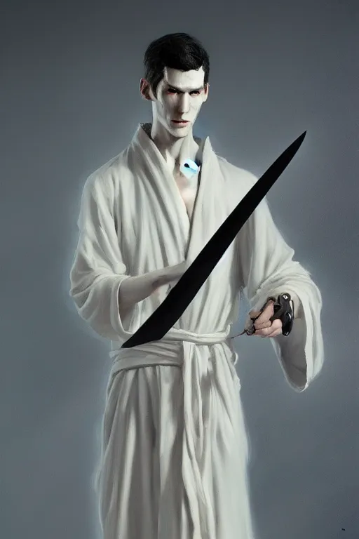 Image similar to fantasy painting of a pale man dressed in robes with a black blade, painted by Bayard Wu, ultra detailed, 8k