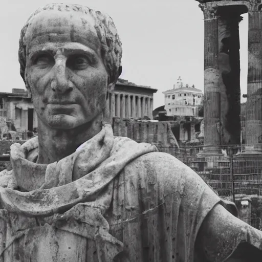 Prompt: Recovered photo of julius caesar taken in front of the roman forum. He looks tired and defeated. Sepia. White border. Torn on edge and creased.