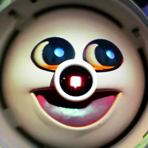 Image similar to creepy found footage of Thomas the tank engine super close up zoom fish eye staring at you terrifying backrooms horror