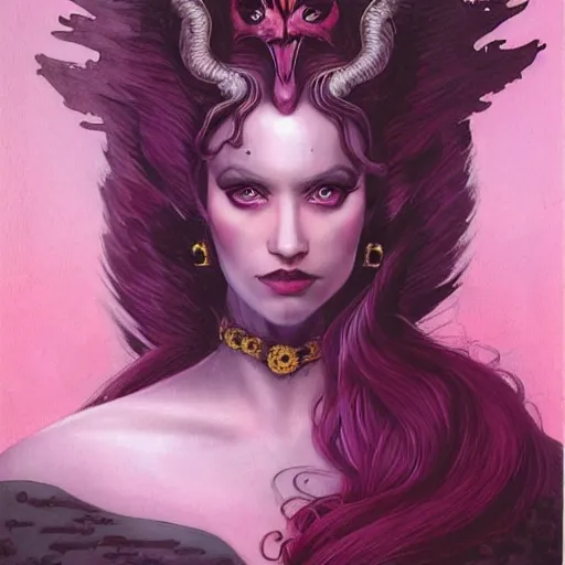 Image similar to portrait of princess of the dreamlands and moon beast, beautiful! coherent! by brom, deep colors, red maroon purple pink black, strong lines, rule of thirds