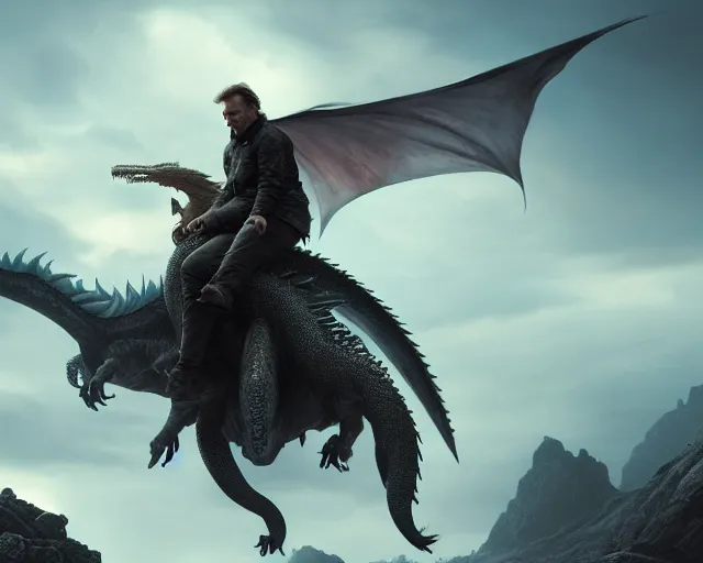 Prompt: 5 5 mm portrait photo of liam neeson riding a dragon. magical atmosphere. art by greg rutkowski. highly detailed 8 k. intricate. lifelike. soft light. nikon d 8 5 0.