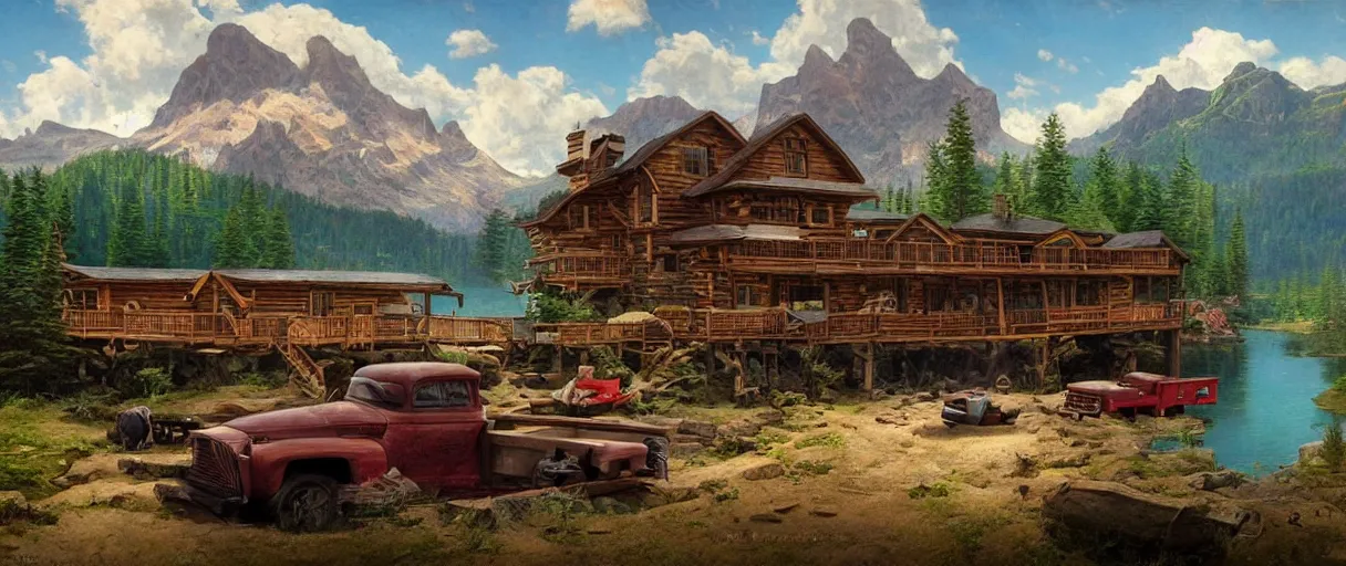 Prompt: A mountain lake with a log cabin and an old truck, beautiful matte painting, Moebius, frank frazetta, sid mead, thomas kinkade, rodney mathews, trending on artstation