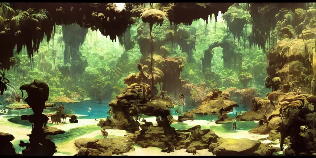 Prompt: a tropical cave that renovate as a luxury interior as several beautiful women bathe in the waters by syd mead, frank frazetta, ken kelly, simon bisley, richard corben, william - adolphe bouguereau, detailed sci - fi architectural concept art