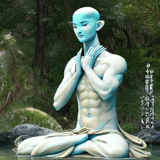 Image similar to marble statue of avatar aang meditating in a rococo japanese garden, accurate details, detailed full body, dramatic, intricate, elegant, highly detailed, digital painting, artstation, concept art, sharp focus, illustration, art by gustave dore, octane render