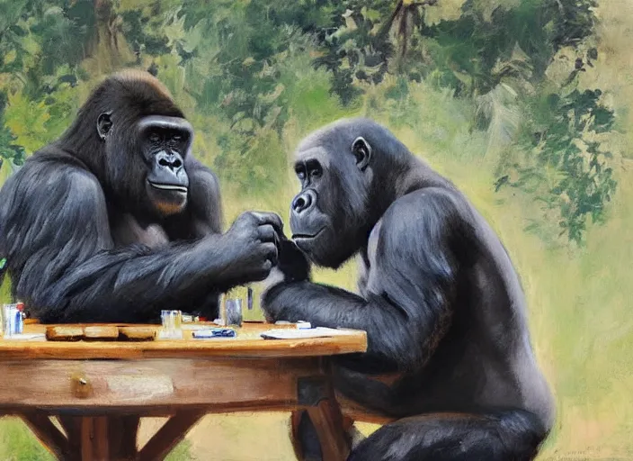 Prompt: a highly detailed beautiful portrait of a gorilla and a bear playing poker, by gregory manchess, james gurney, james jean