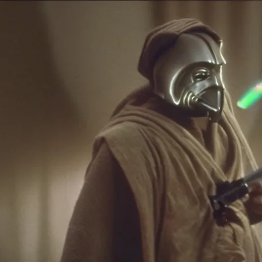 Image similar to a film still of a man with a elephant's head using a Obi Wan Kenobi clothes holding a lightsaber in A New Hope(1977)