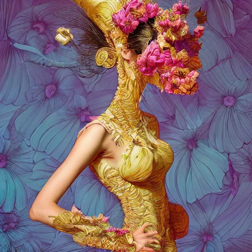 Prompt: the portrait of an absurdly beautiful, graceful, elegant, and sophisticated woman made of bananas and petals, an ultrafine detailed illustration by kim jung gi, irakli nadar, intricate linework, bright colors, final fantasy, behance contest winner, angular, unreal engine 5 highly rendered, global illumination, radiant light, detailed and intricate environment