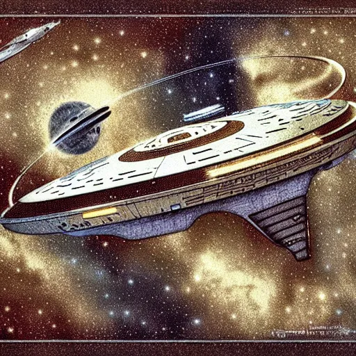 Image similar to design, starship enterprise from star trek, borders, lines, decorations, muted colors, by jean - baptiste monge