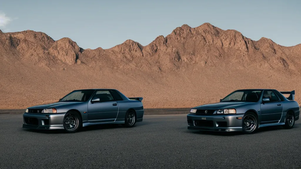 Image similar to three quarter front photo of a stock dark grey nissan r 3 2 skyline gtr on a road in a desert with a mountain in the background in the early morning, car photography, depth of field, zoom lens, blue hour, photorealistic