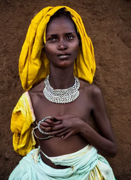 Prompt: Mid-shot portrait of a beautiful 20-year-old woman from Ethiopia in her traditional get-up, candid street portrait in the style of Martin Schoeller award winning, Sony a7R